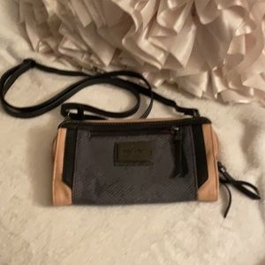 NICOLE MILLER Crossbody bag adjustable strap. Neutral Beige/ black / Pink